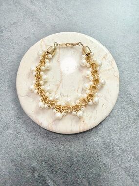 Vintage Gold Tone Faux Pearl Clusters Chain Bracelet Y2K Stacking